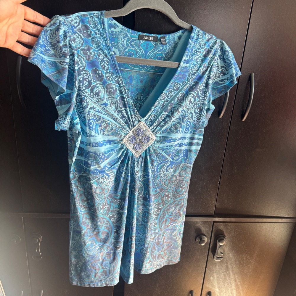Apt9 Babydoll Top Small Blue Vintage Y2K Paisley Beaded Medallion Flutter Sleeve